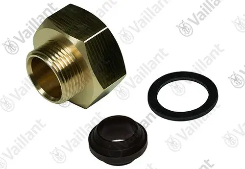 Vaillant Adapter in Messing, mit Gewinde und zwei Dichtungen, einem schwarzen Gummi-O-Ring und einer flachen schwarzen Unterlegscheibe.